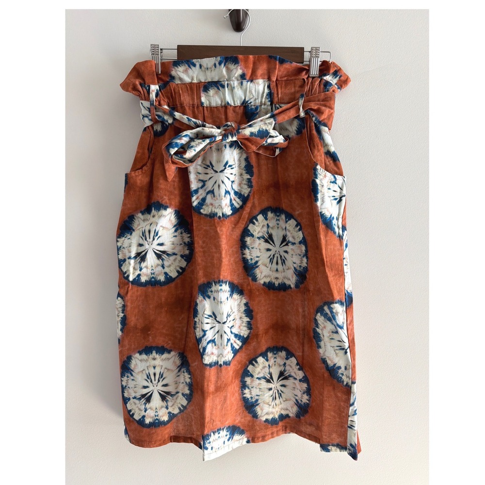 Porridge Clothing Rust Orange Tie Dye‎ Paperbag Waist Linen Blend Midi Skirt M